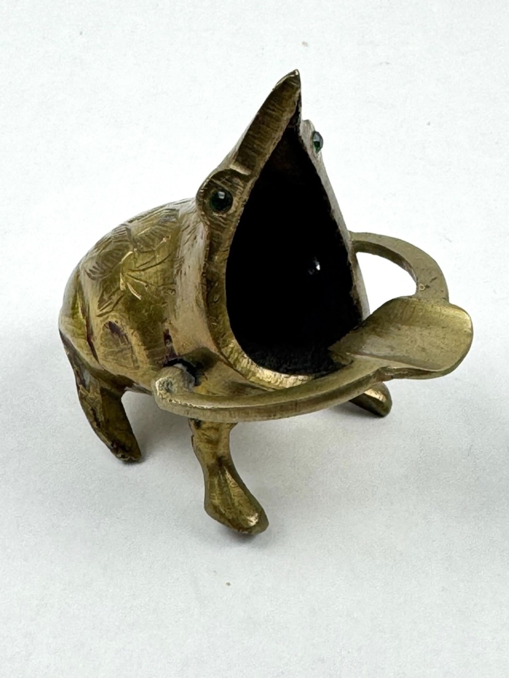 Vintage MCM Brass Hinged Jaw Frog Ashtray Cigarette Holder Green Glass Eyes